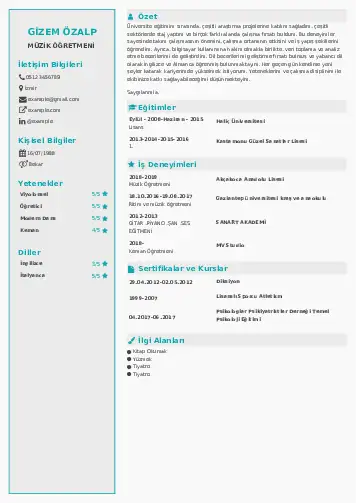 Müzik Öğretmeni Cv Örnekleri cv indir